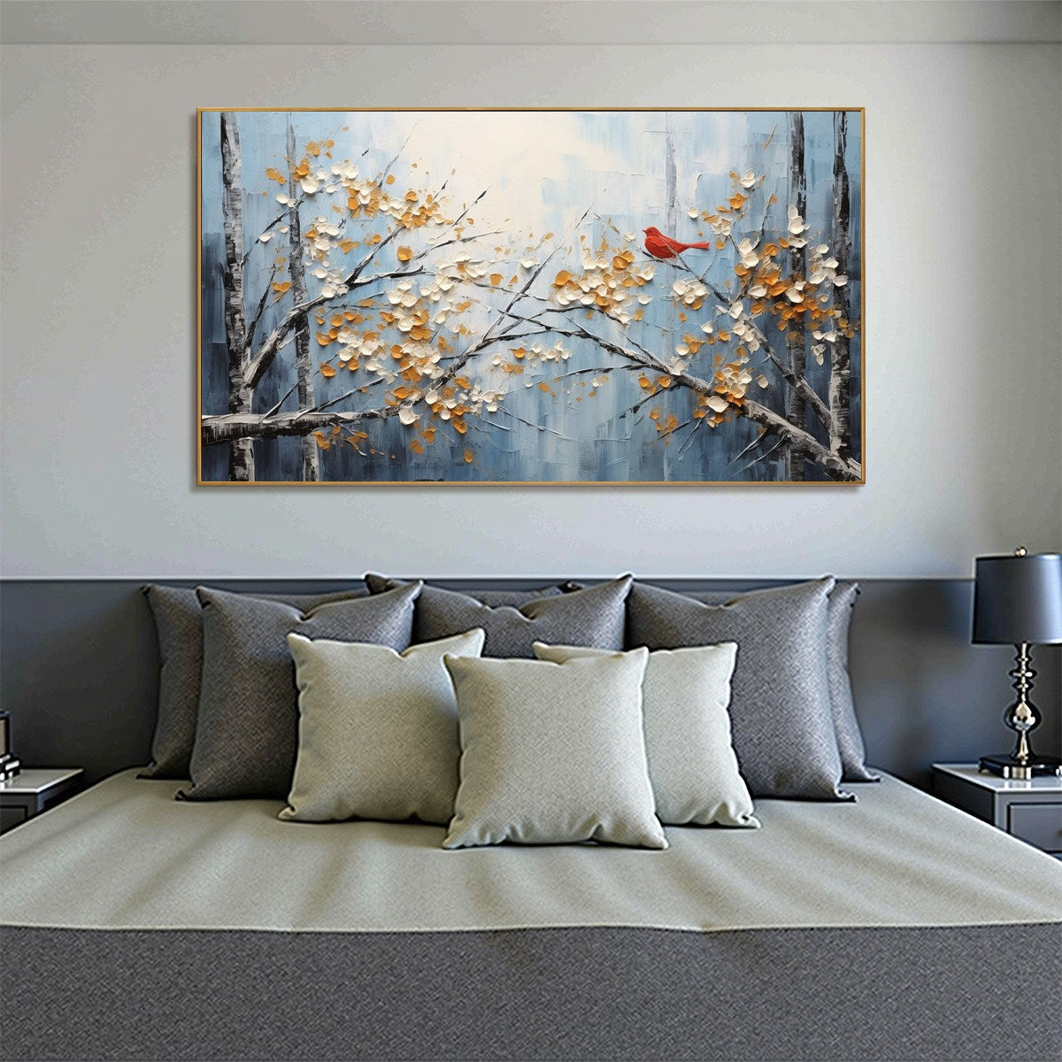 RED BIRD ON BRANCHES: Horizontal Impasto Painting, Bird on Blossoming Branches, Textured Wall Art, Blue