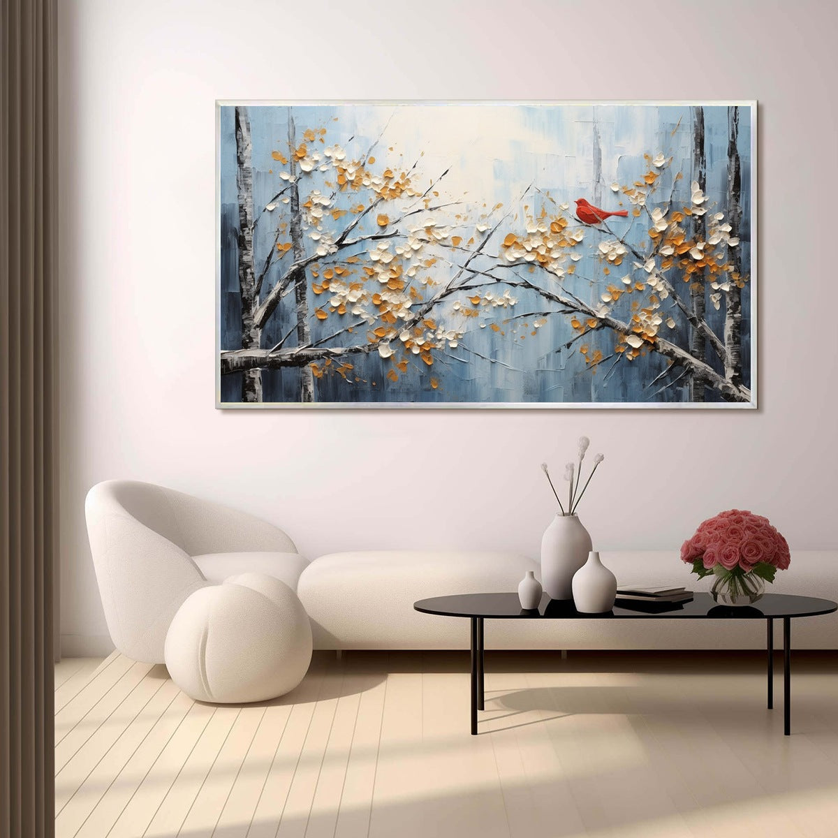 RED BIRD ON BRANCHES: Horizontal Impasto Painting, Bird on Blossoming Branches, Textured Wall Art, Blue