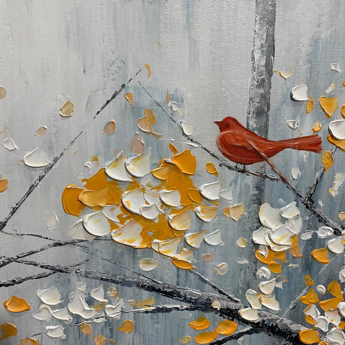RED BIRD ON BRANCHES: Horizontal Impasto Painting, Bird on Blossoming Branches, Textured Wall Art, Blue