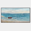 RED BOAT AT THE SHORE: Tranquil Coastal Landscape Painting