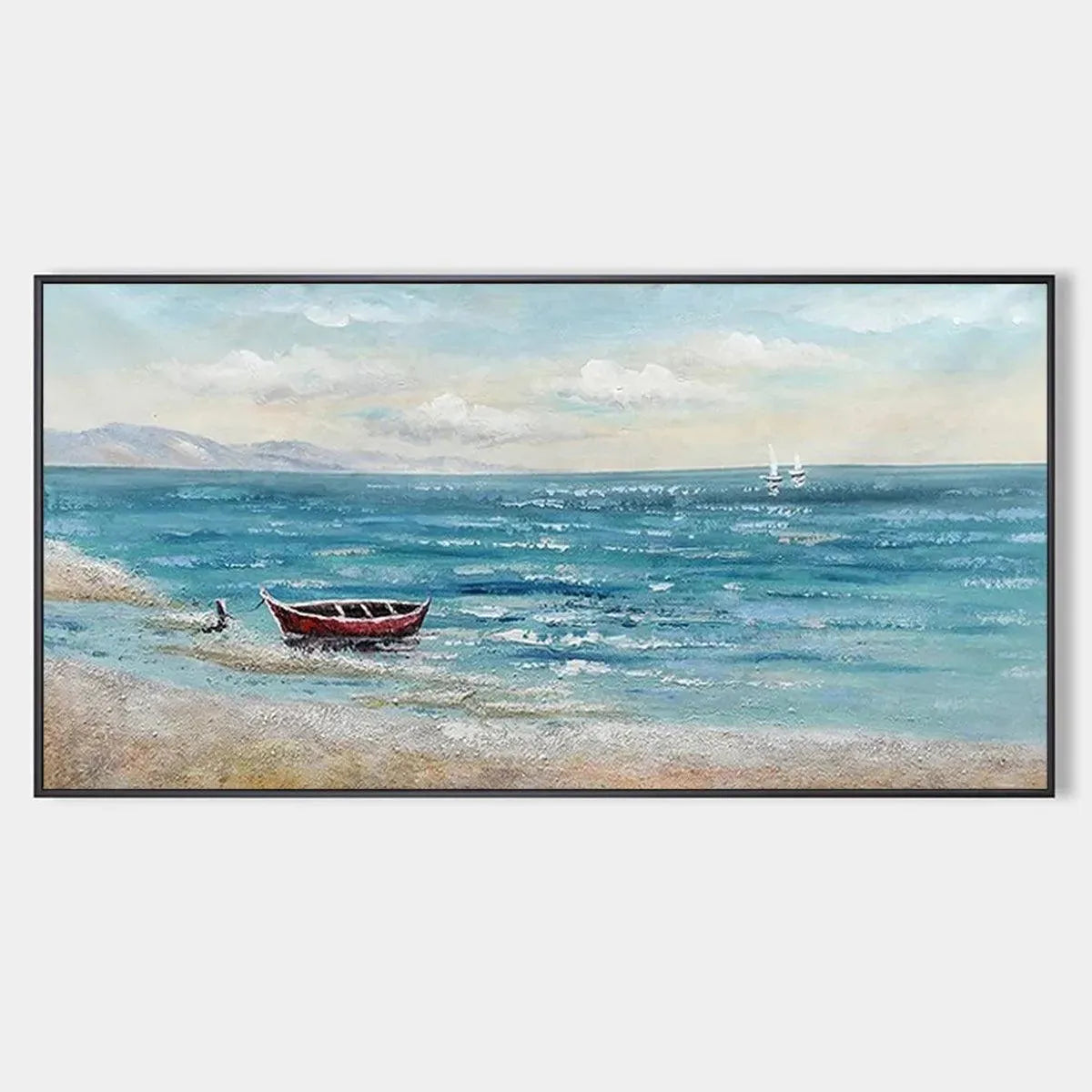 RED BOAT AT THE SHORE: Tranquil Coastal Landscape Painting