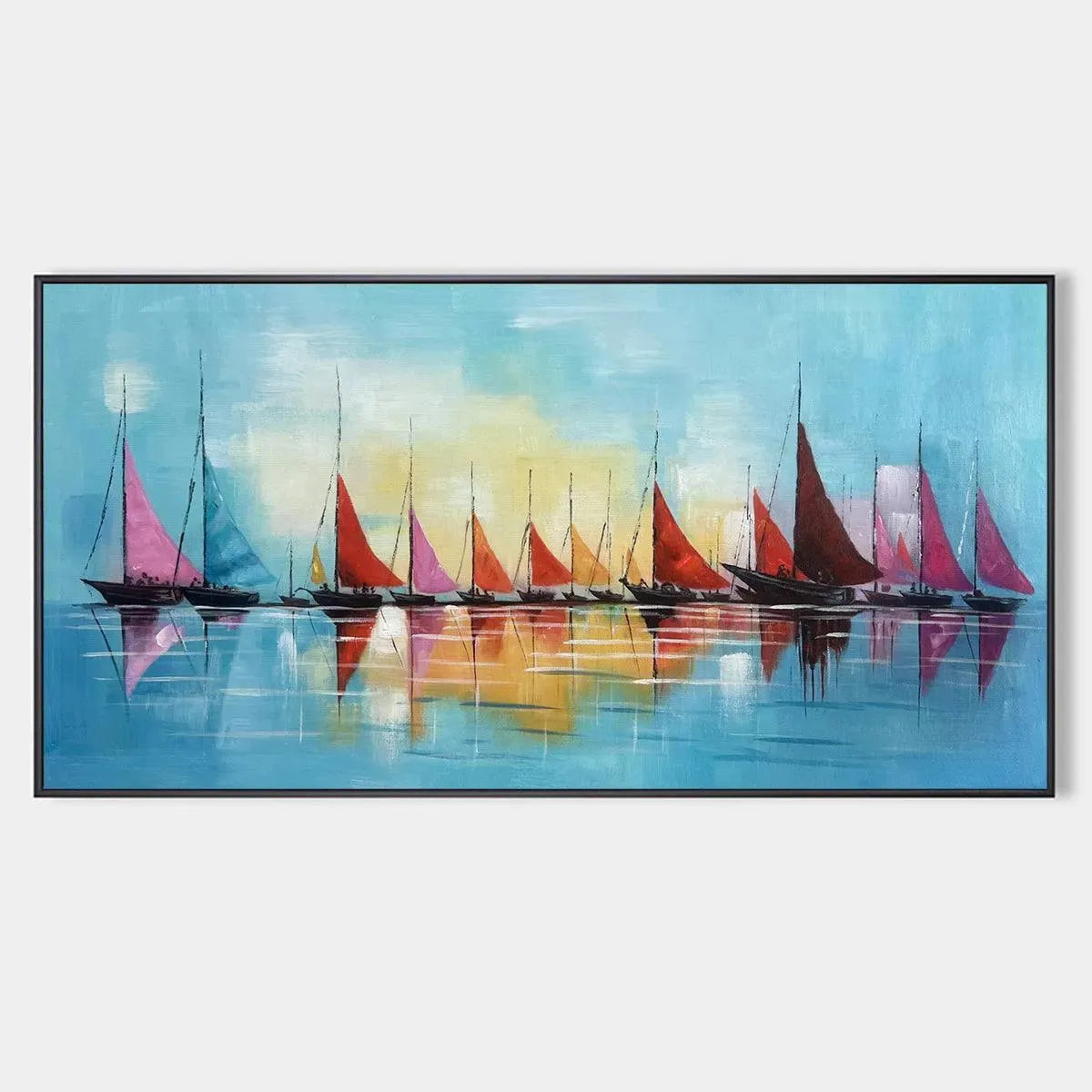 REGATTA: Colorful Sailboats Painting, Blue and Orange Wall Art, Horizontal Canvas, Coastal Decor
