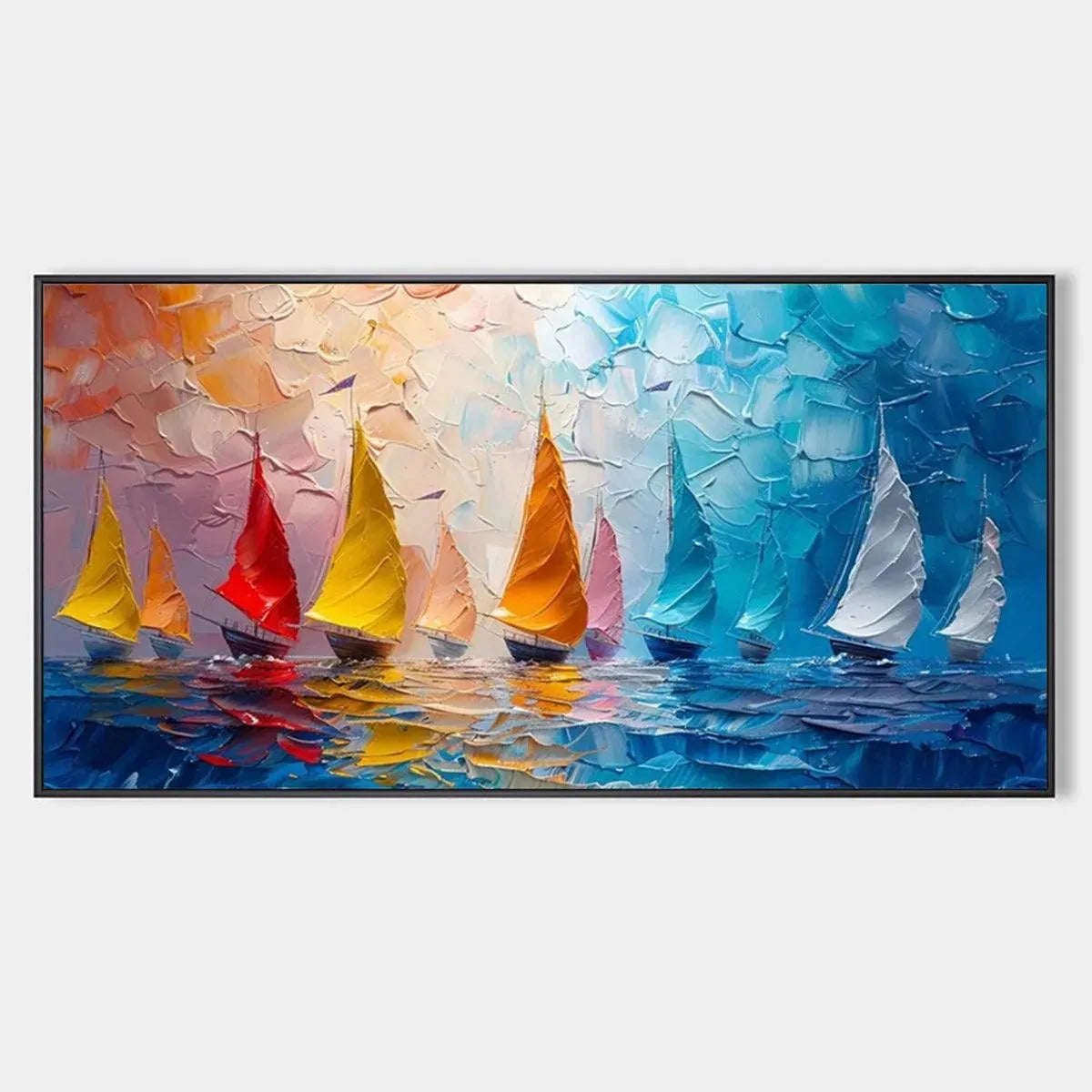 REGATTA: Textured Sailboat Painting, Impasto Wall Art, Panoramic Canvas, Coastal Decor
