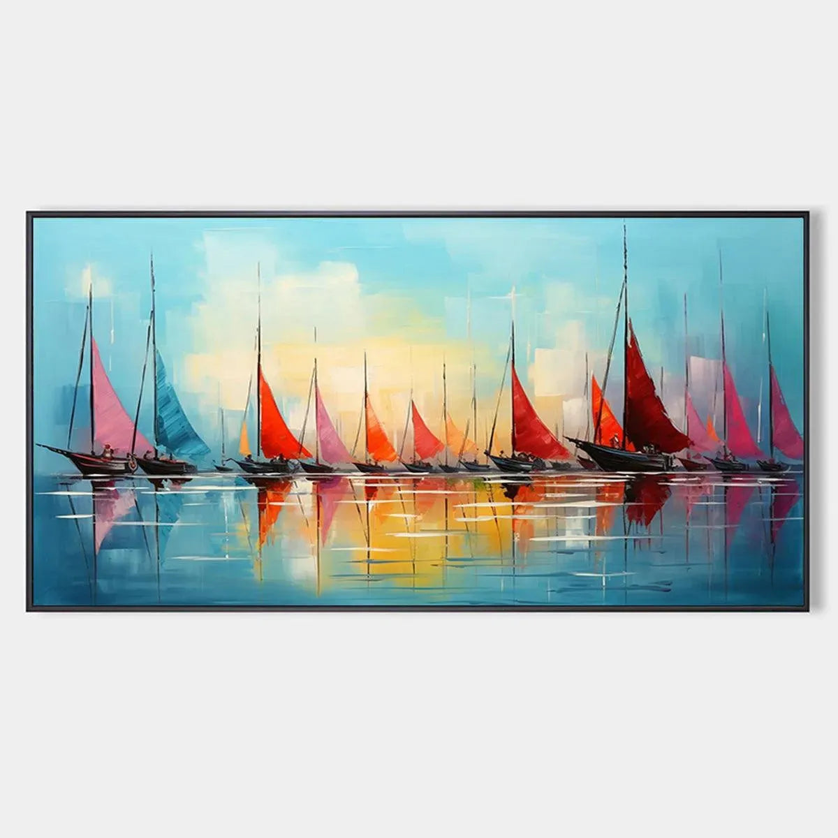 REGATTA AT DAWN: Panoramic Sailboat Painting, Colorful Sunrise
