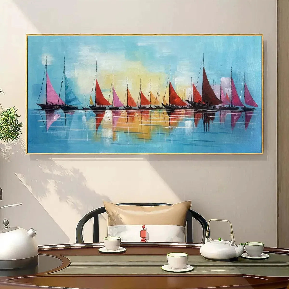 REGATTA: Colorful Sailboats Painting, Blue and Orange Wall Art, Horizontal Canvas, Coastal Decor