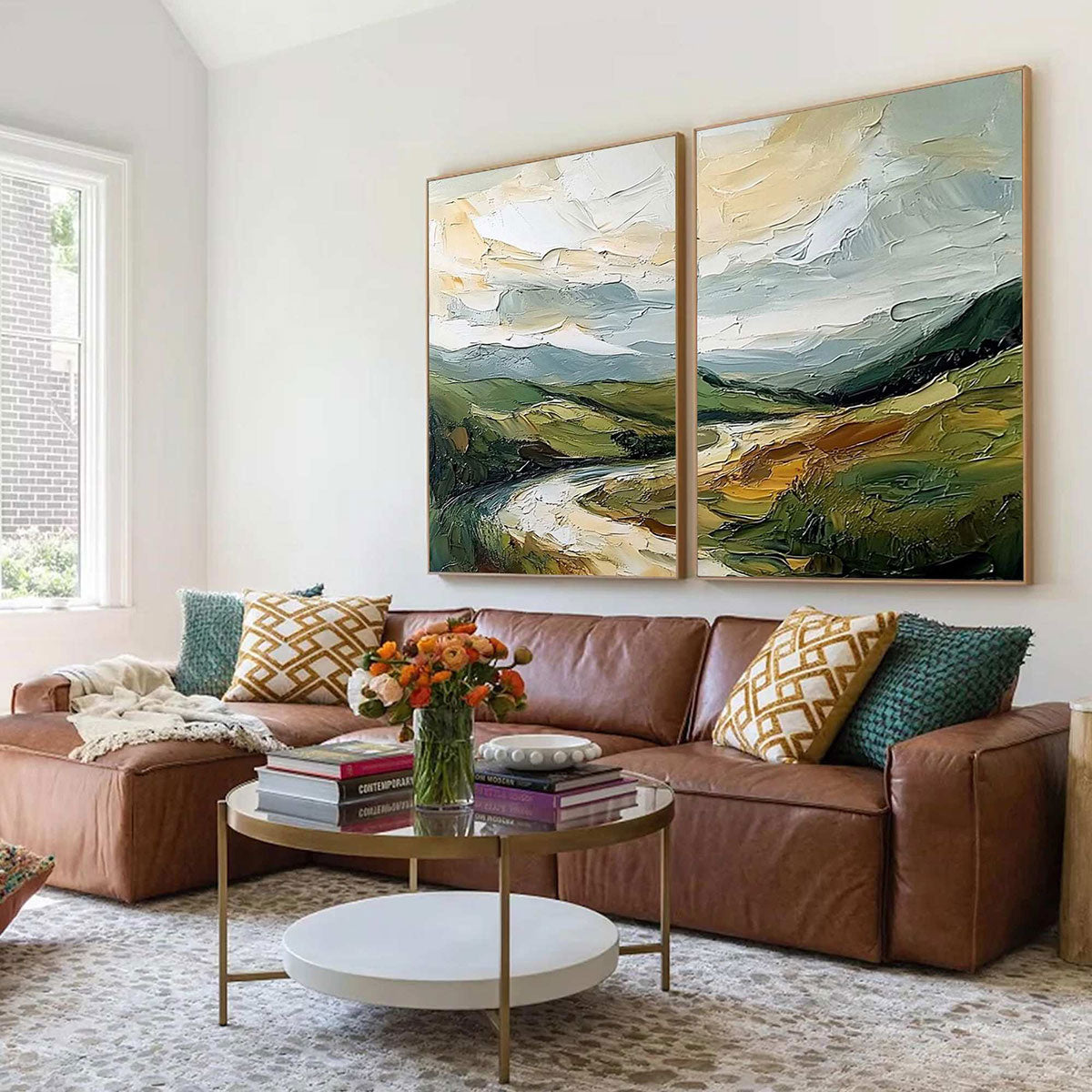 RIVER VALLEY DUET: Textured Landscape Diptych Painting