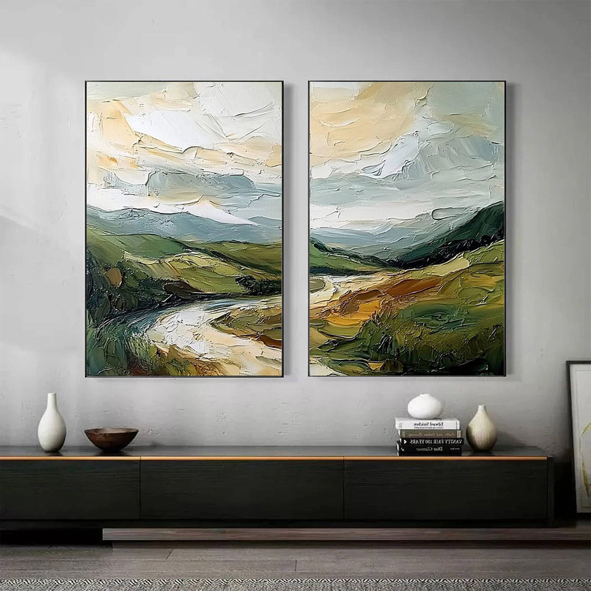 RIVER VALLEY DUET: Textured Landscape Diptych Painting