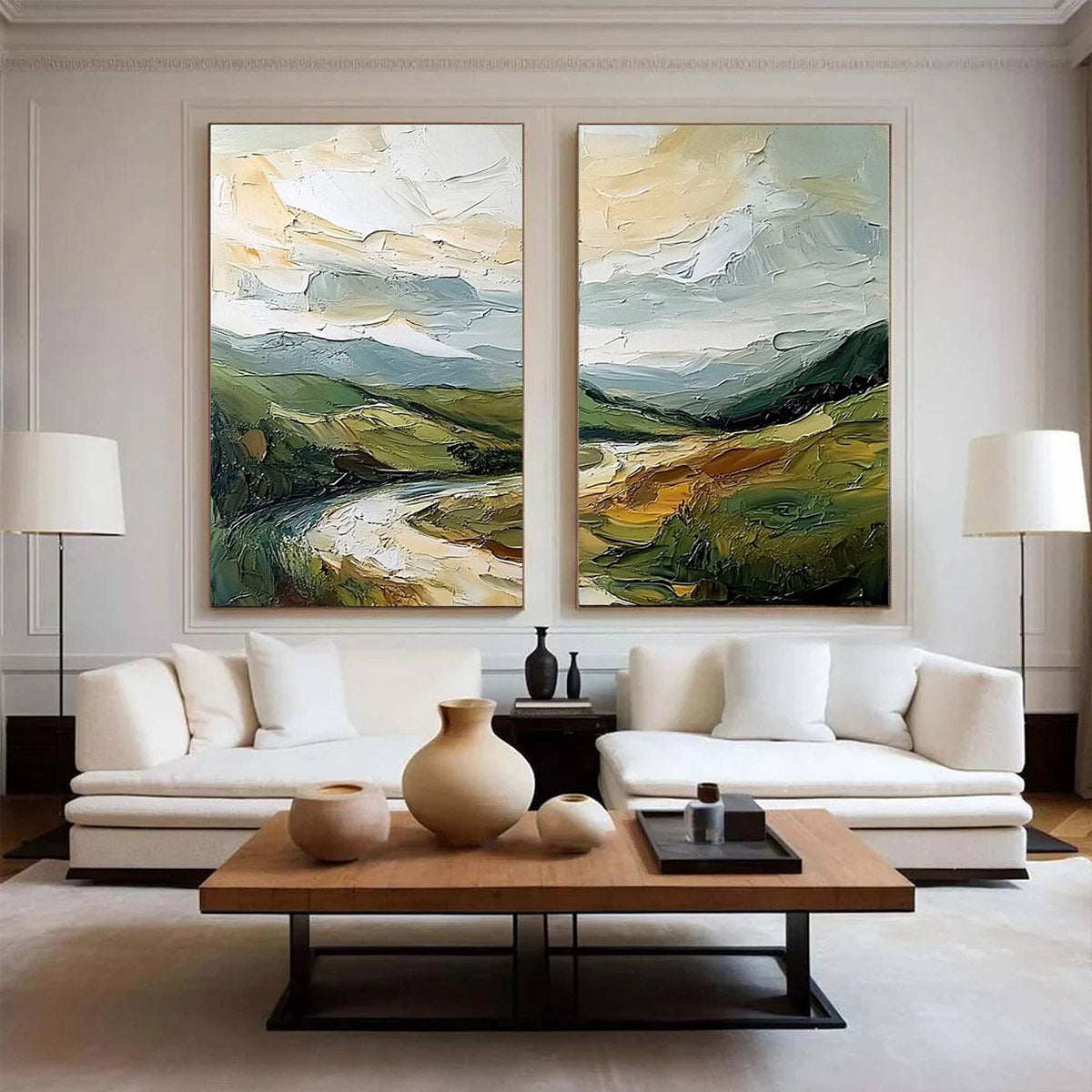 RIVER VALLEY DUET: Textured Landscape Diptych Painting
