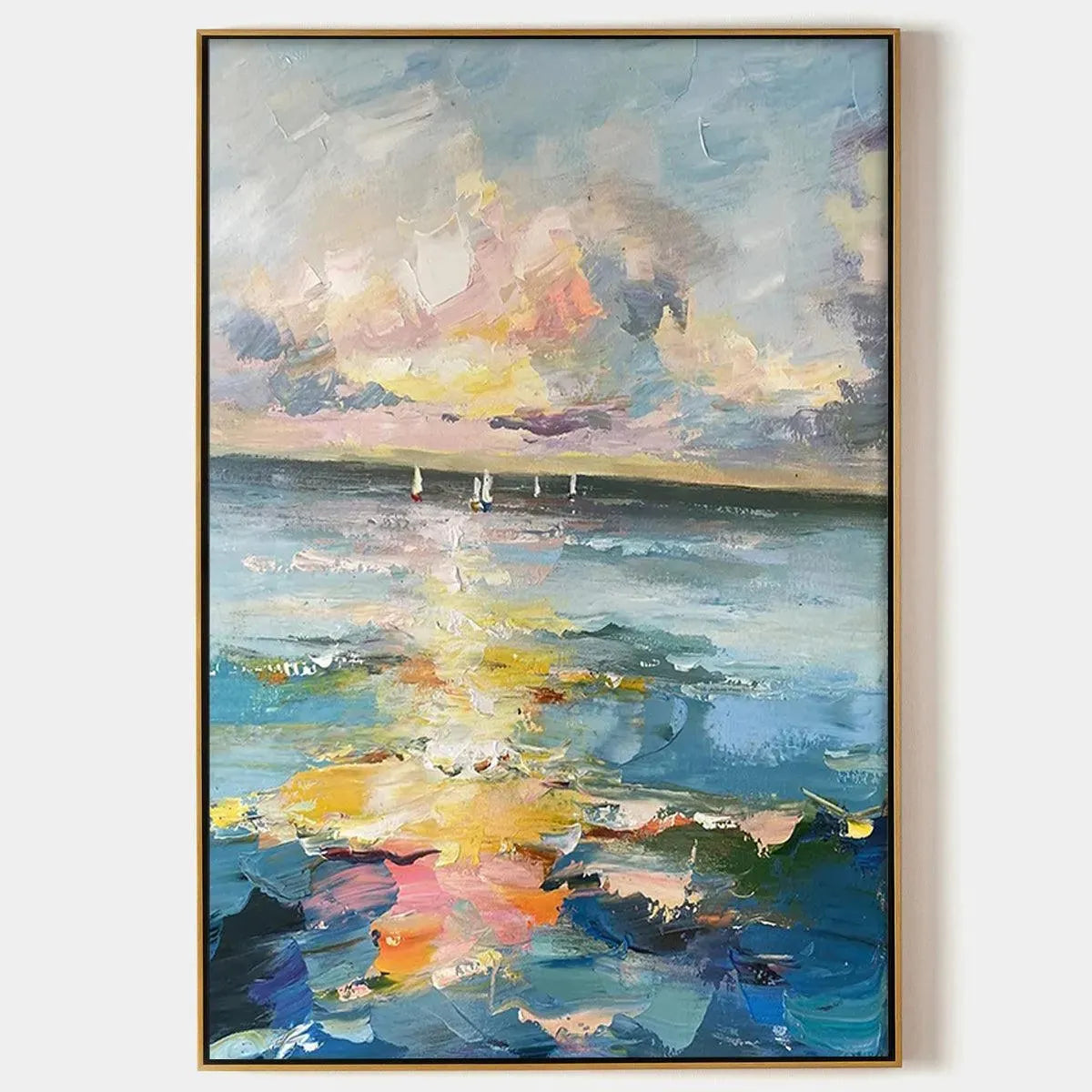SAILBOATS AT SUNSET: Seascape Painting, Impasto, Textured Wall Art, Ocean Sunset, Vertical