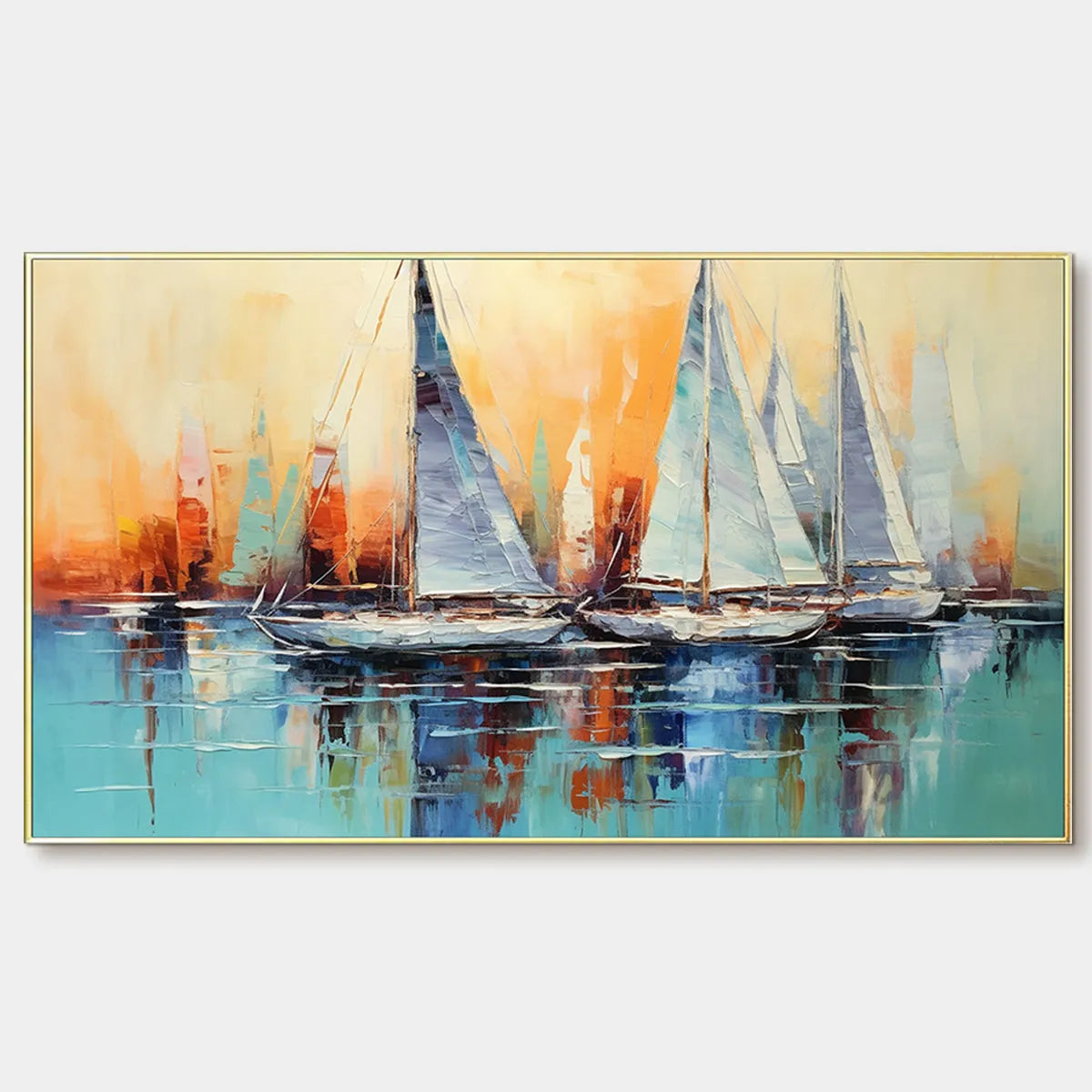SAILING AT SUNSET: Panoramic Sailboat Painting, Coastal Wall Art, Blue, Orange, Living Room, Bedroom, Office