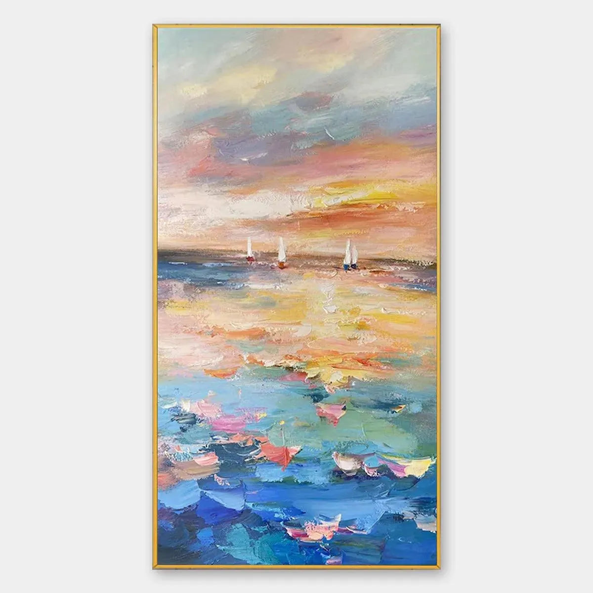 SAILING AT SUNSET: Colorful Seascape Painting, Textured Wall Art, Vertical Canvas, Beach Decor
