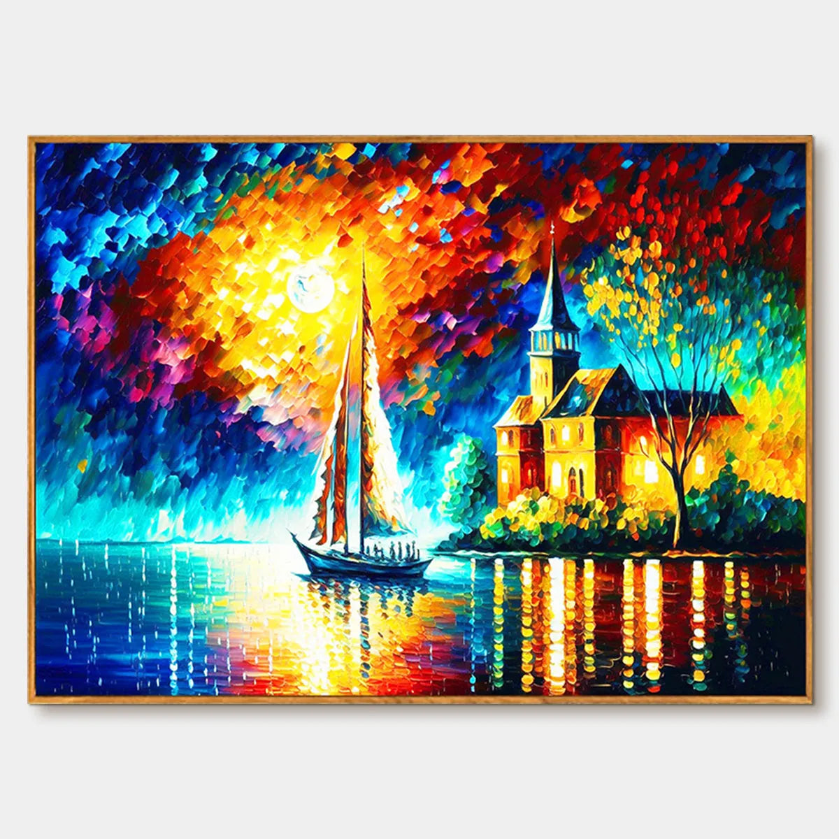 SANCTUARY BY THE SEA: Coastal Landscape Oil Painting with Sailboat and Church