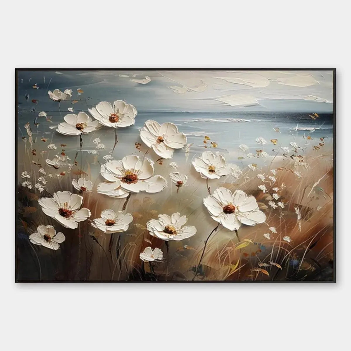 SEASIDE BLOSSOMS: Textured Floral Painting, Impasto Wall Art, Horizontal Canvas, Coastal Decor