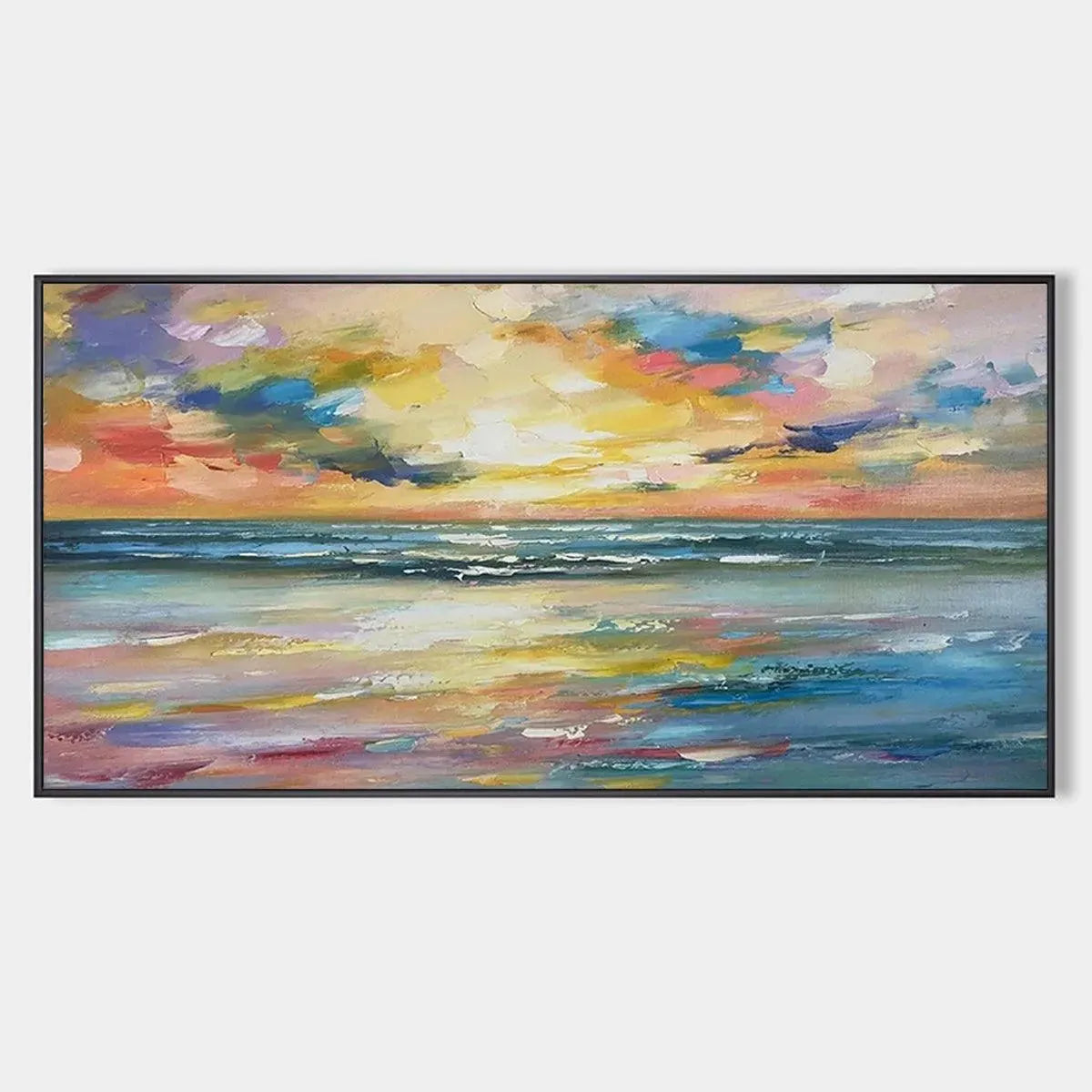 SEASIDE SUNSET SERENADE: Ocean Painting, Impasto Texture, Sunset Beach, Panoramic Wall Art, Horizontal Canvas