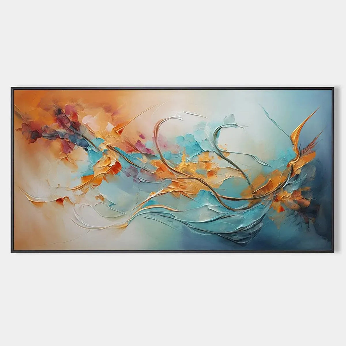 SERENE DAWN: Panoramic Abstract Teal and Gold Oil Painting