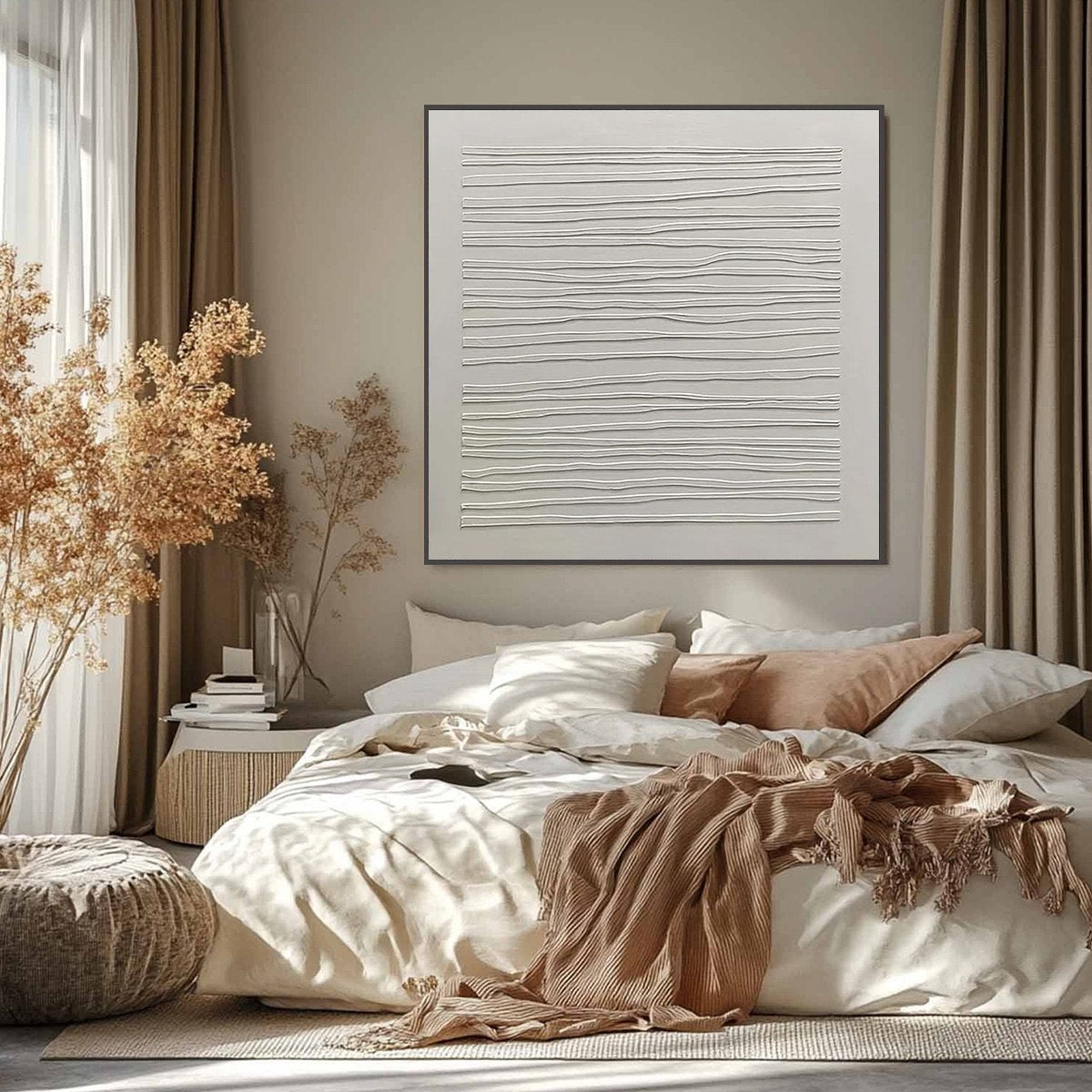 SERENE LINES: Minimalist Textured White Abstract Oil Painting