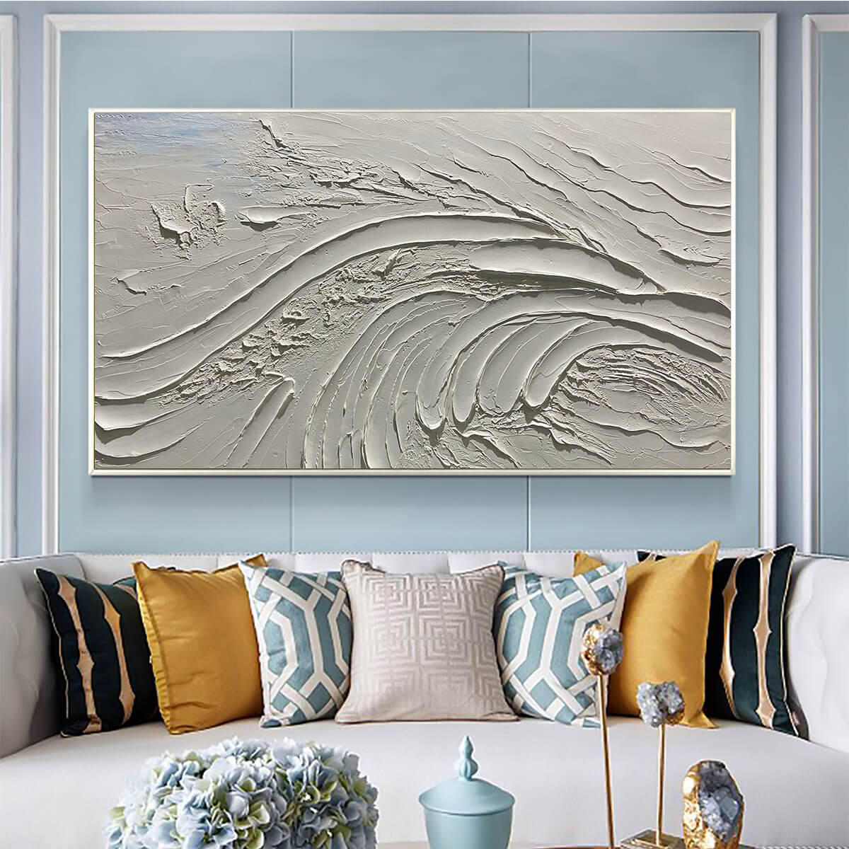 SERENE RIDGES: Textured Minimalist White Oil Painting