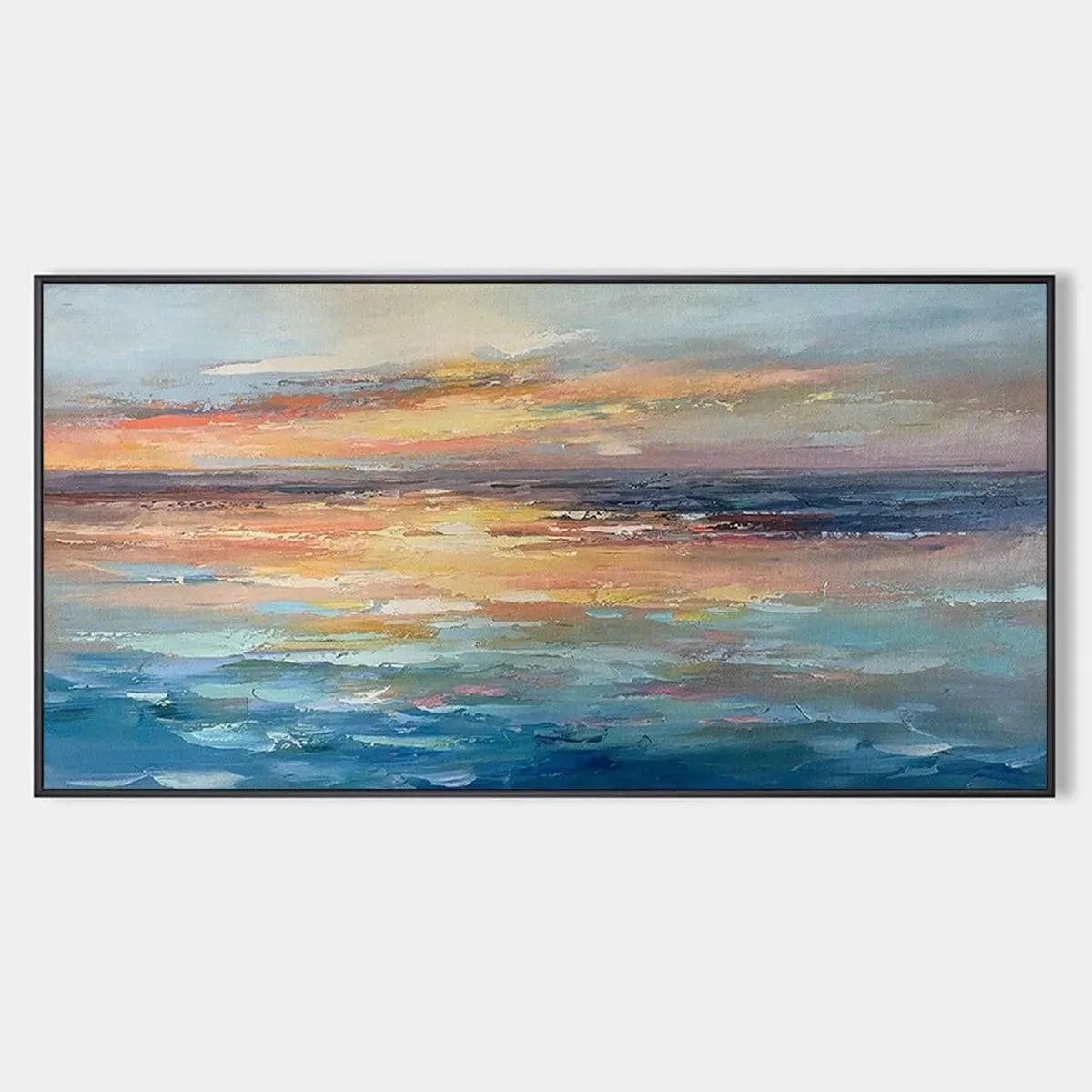 SERENE SUNSET: Panoramic Seascape Painting, Textured Wall Art, Horizontal Canvas, Beach Decor