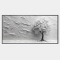 SERENE TREE: Textured 3D Tree Painting, White Impasto Wall Art, Panoramic Canvas, Minimalist Decor