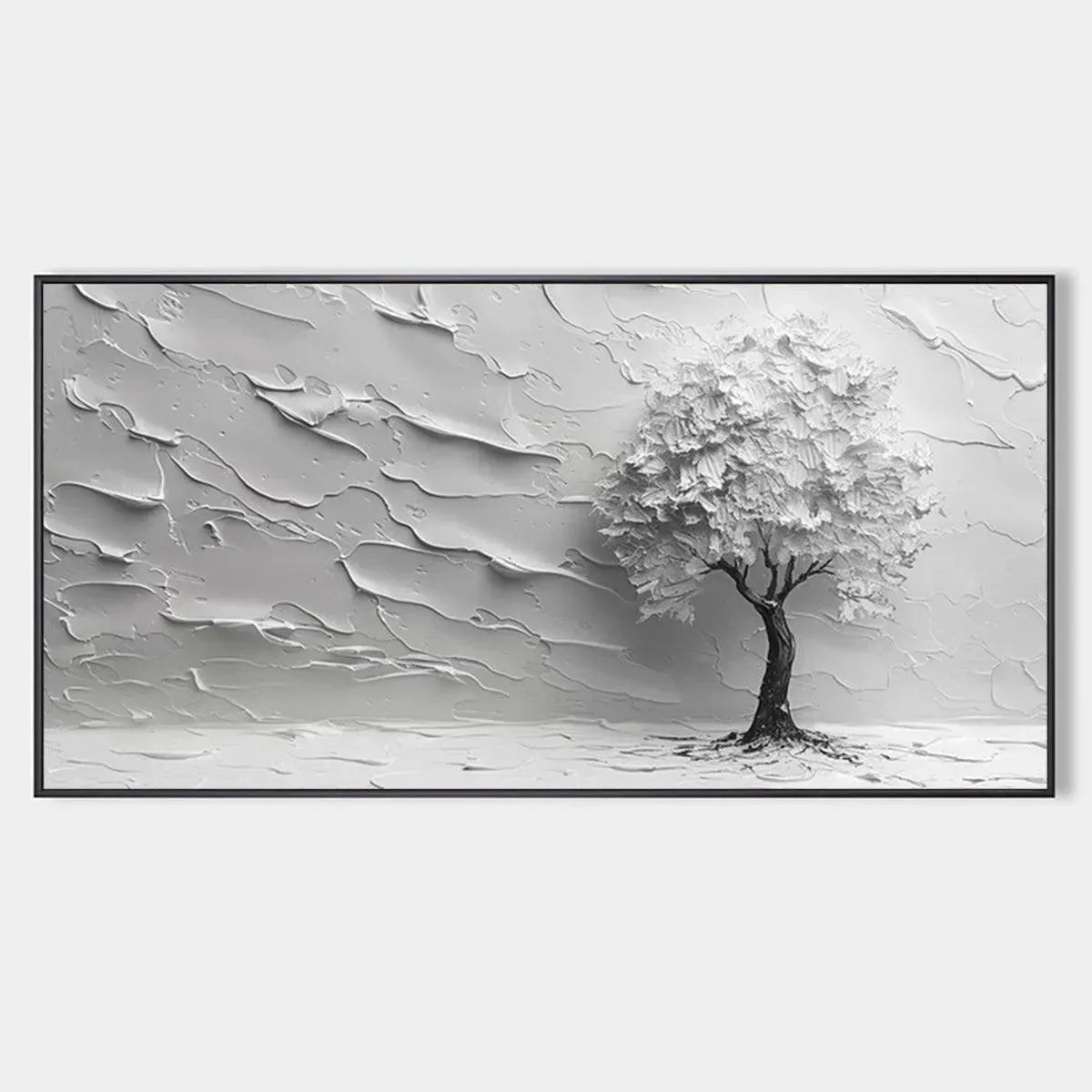 SERENE TREE: Textured 3D Tree Painting, White Impasto Wall Art, Panoramic Canvas, Minimalist Decor