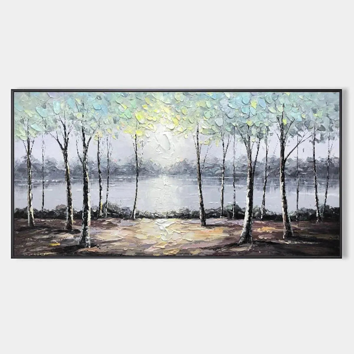 SERENE WATERS: Panoramic Landscape Painting, Textured Trees and Lake