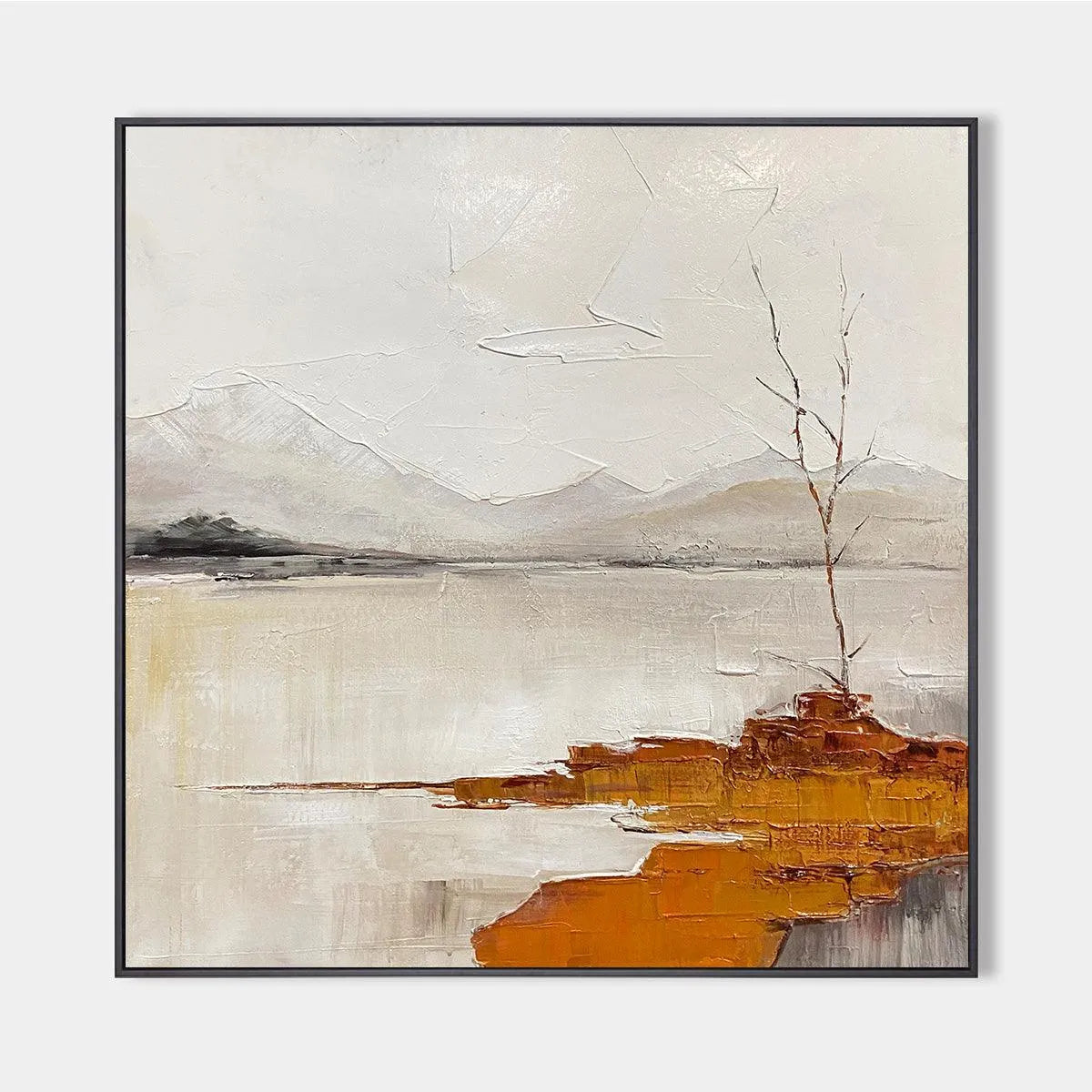 SERENE WATERS: Minimalist Landscape Painting in White, Grey, and Orange, Square Canvas Wall Art