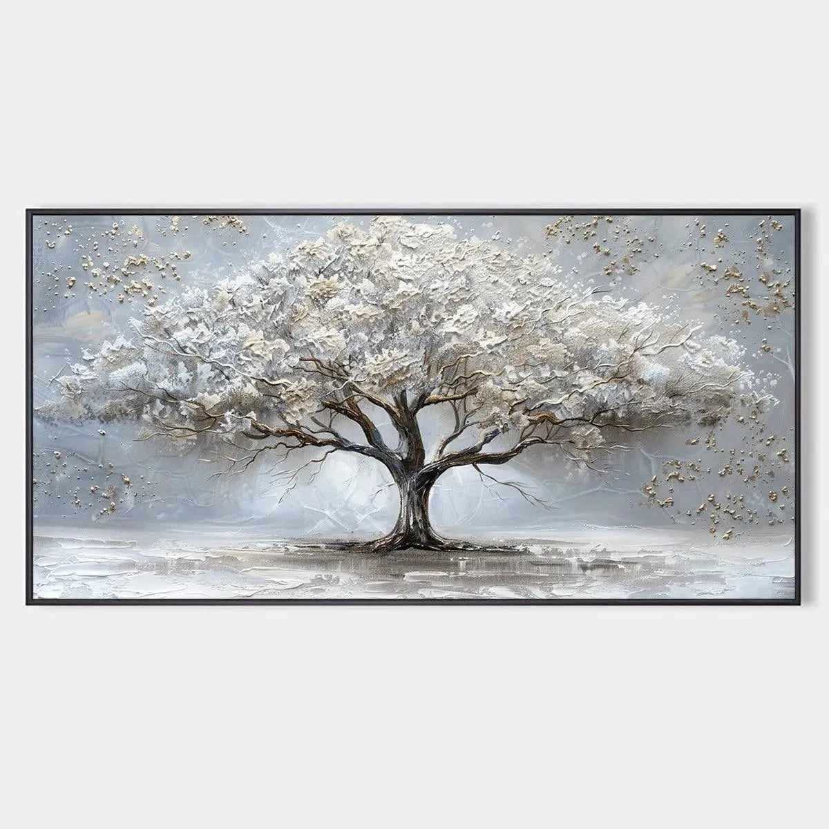 SILVER LINING: Textured White and Gold Tree Painting on Grey Background
