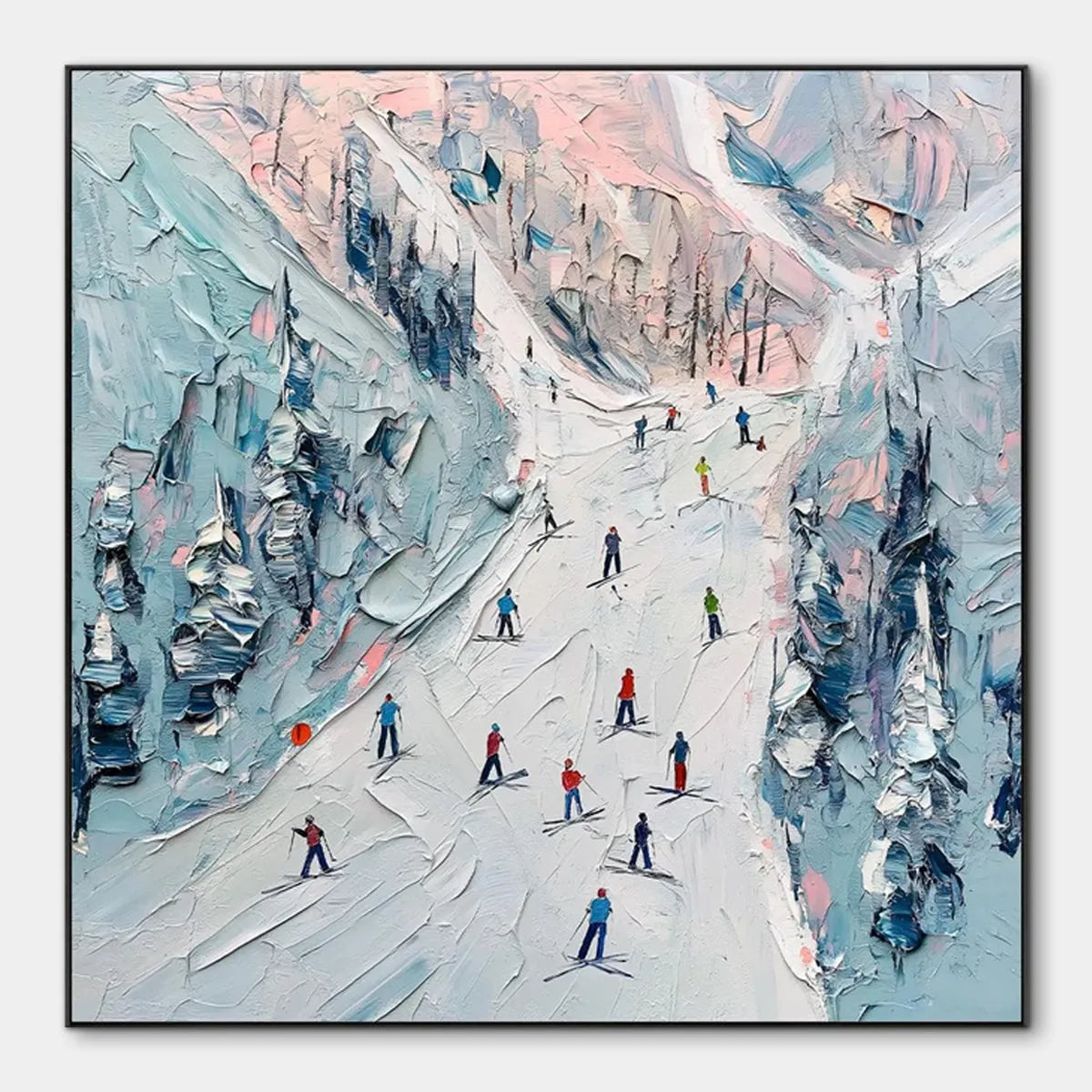 SLOPE LIFE: Textured Impasto Ski Slope Scene on Square Canvas