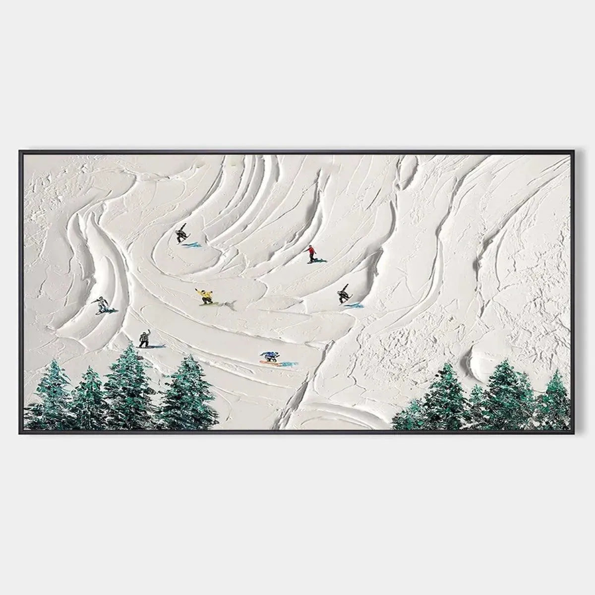 SNOWY PEAKS: Textured Minimalist Winter Landscape Painting with Skiers