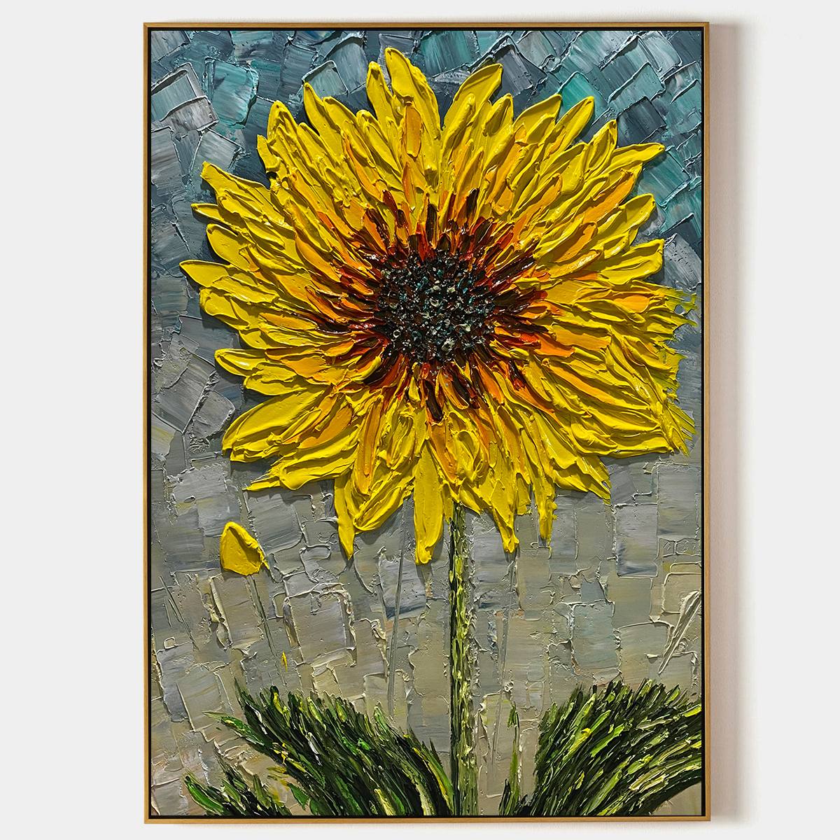 SOLAR BLOOM: Textured Impasto Sunflower Oil Painting in Yellow and Grey
