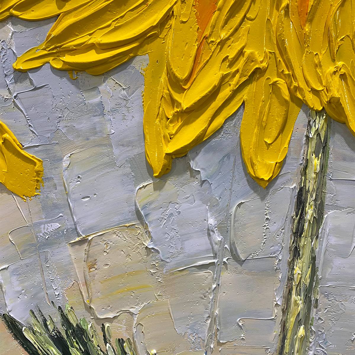 SOLAR BLOOM: Textured Impasto Sunflower Oil Painting in Yellow and Grey