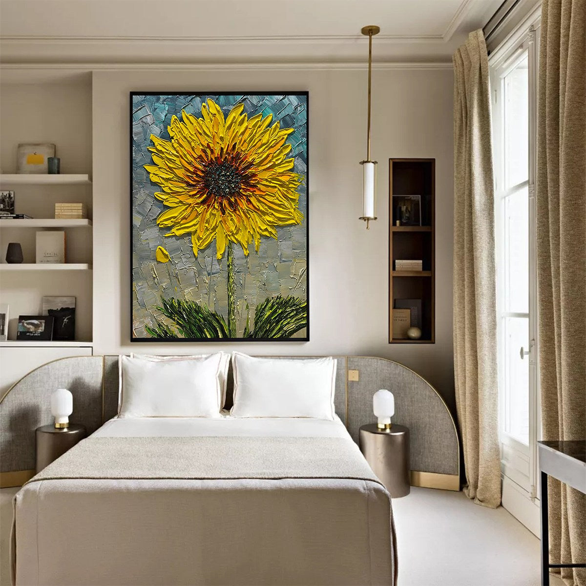 SOLAR BLOOM: Textured Impasto Sunflower Oil Painting in Yellow and Grey