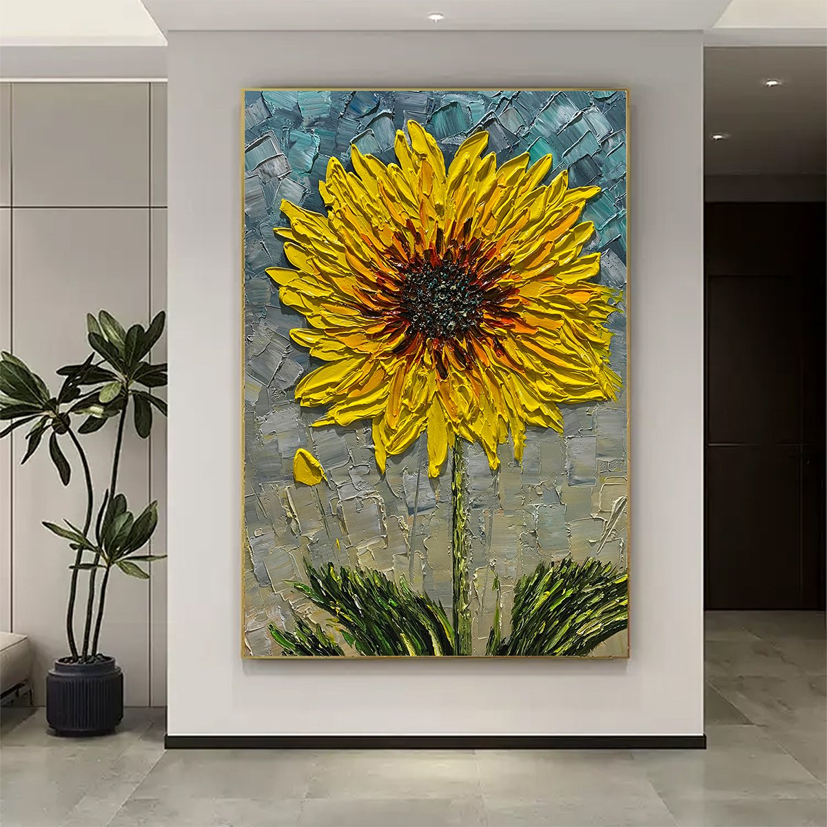 SOLAR BLOOM: Textured Impasto Sunflower Oil Painting in Yellow and Grey
