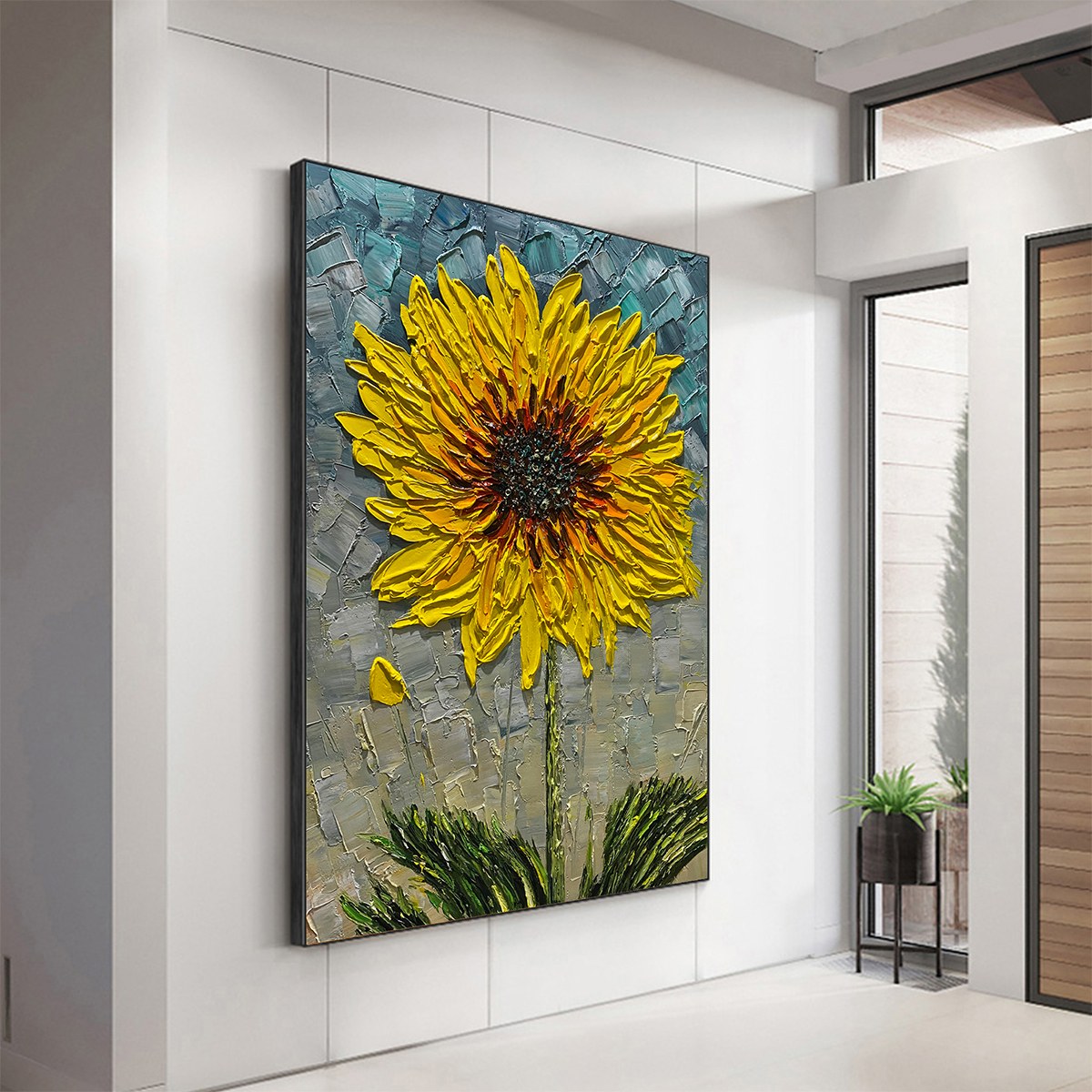 SOLAR BLOOM: Textured Impasto Sunflower Oil Painting in Yellow and Grey