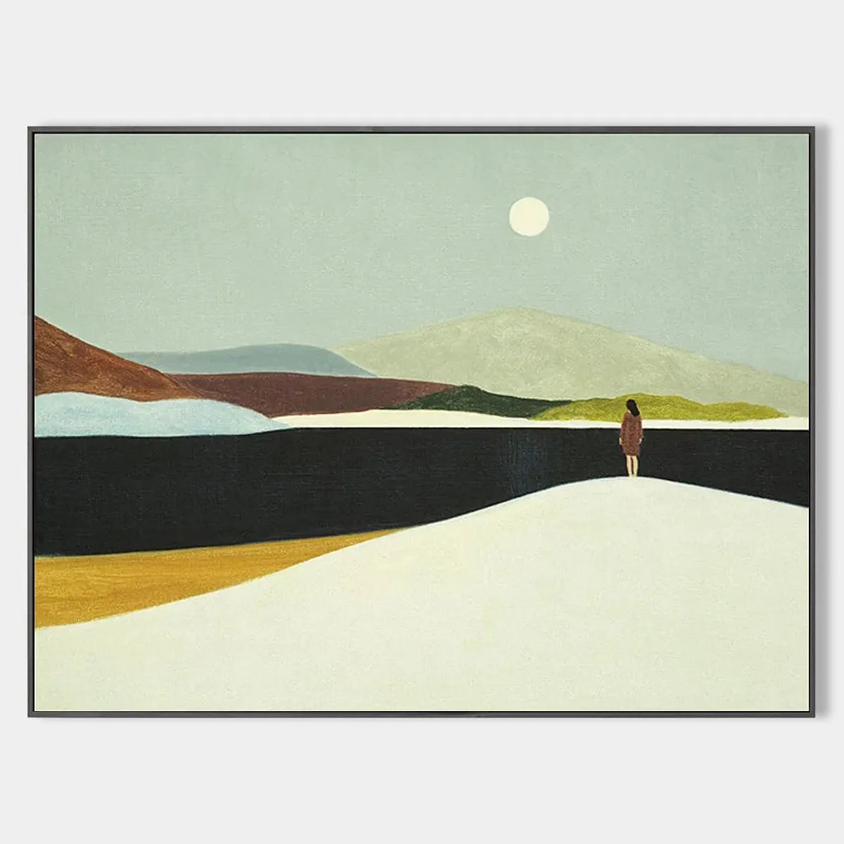 SOLITARY FIGURE IN MINIMALIST LANDSCAPE: Serene Landscape Painting, Horizontal Wall Art