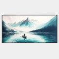 SOLITUDE'S EMBRACE: Panoramic Lake and Mountain Landscape Oil Painting with Canoe