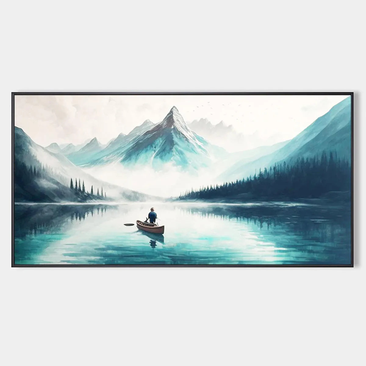 SOLITUDE'S EMBRACE: Panoramic Lake and Mountain Landscape Oil Painting with Canoe