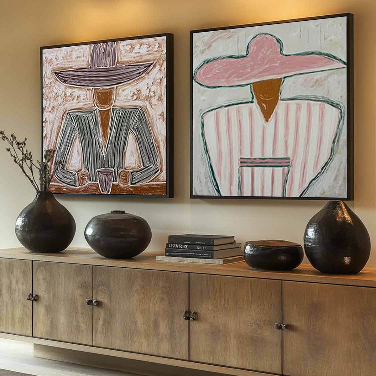 SOMBRERO DUET: Textured Figurative Portrait Diptych