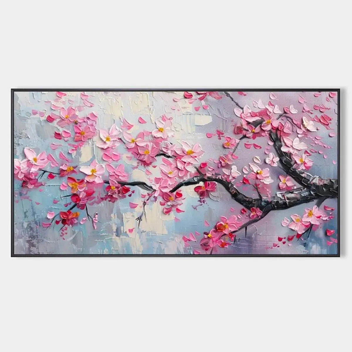 SPRINGTIME SERENADE: Textured Cherry Blossom Painting, Horizontal Wall Art