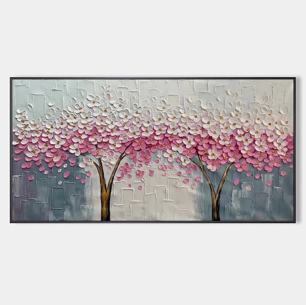 SPRING BLOSSOM: Panoramic Cherry Blossom Painting in Pink and White, Textured Impasto, Modern Wall Art