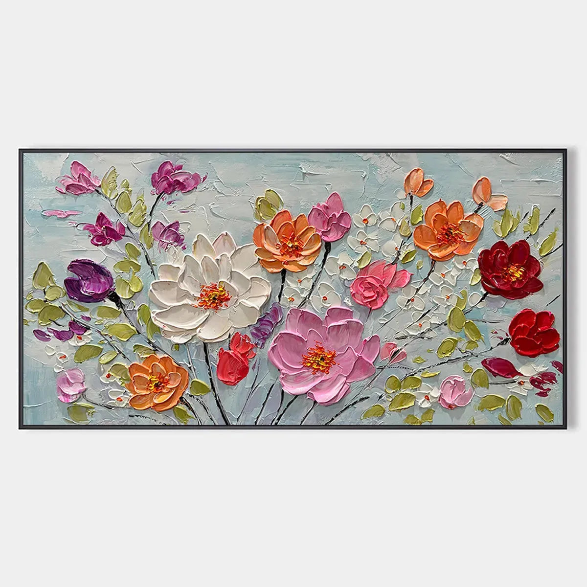 SPRING BOUQUET: Panoramic Impasto Painting of Colorful Flowers, Textured Floral Wall Art for Living Room, Bedroom