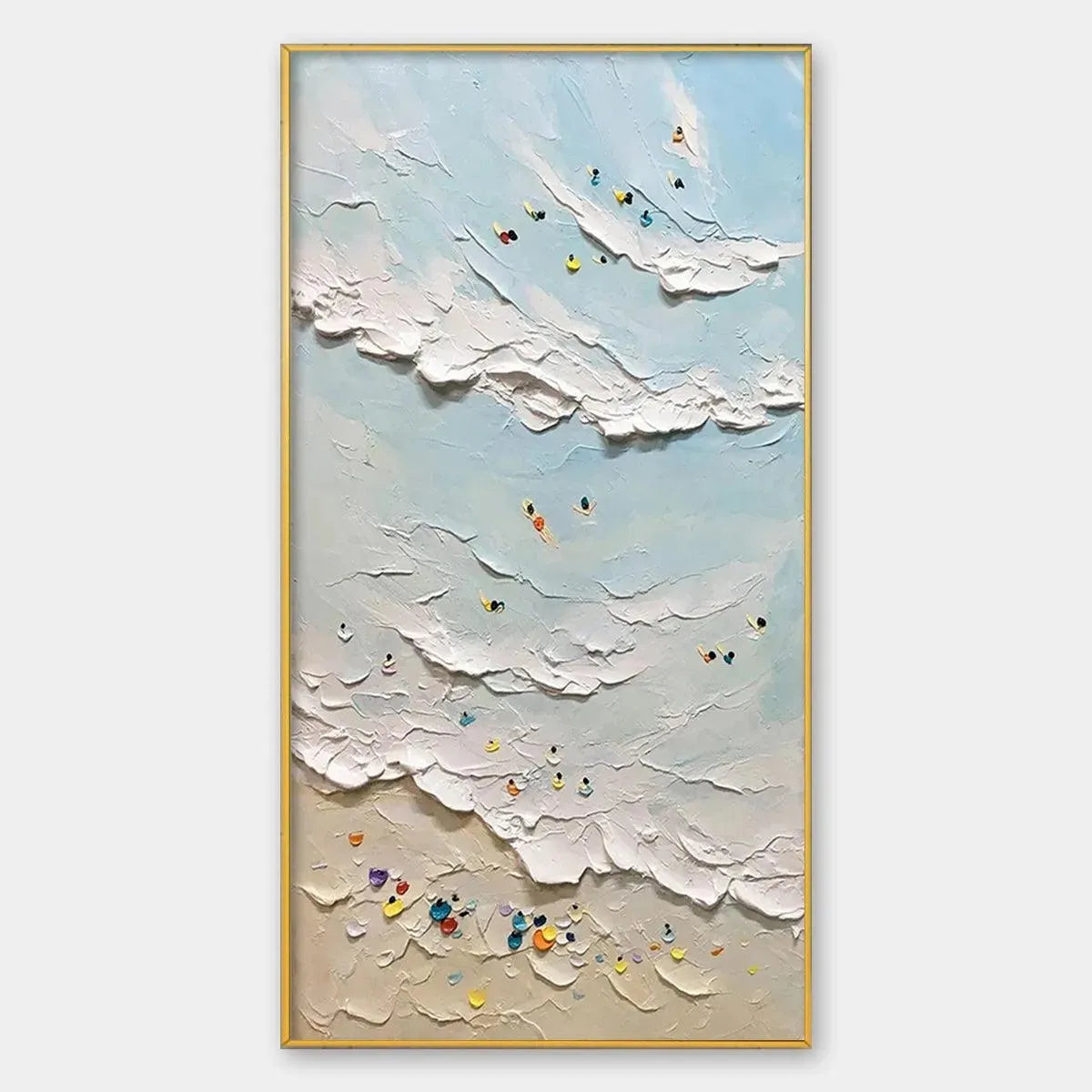 SUMMER BEACH: Textured Beach Scene Painting with Surfers and Swimmers