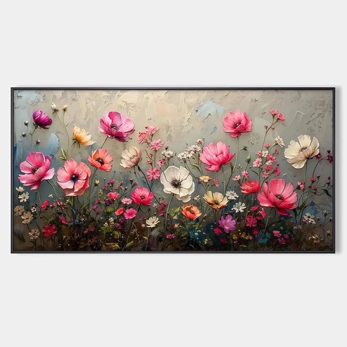 SUMMER BLOOM: Textured Pink and White Floral Painting on Grey Background