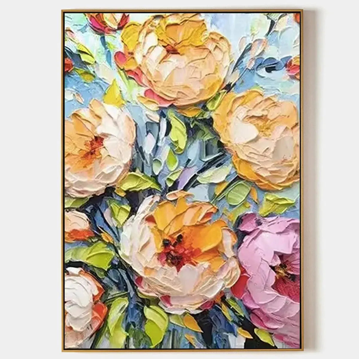 SUMMER BLOOM: Textured Impasto Floral Painting in Yellow and Pink for Living Room
