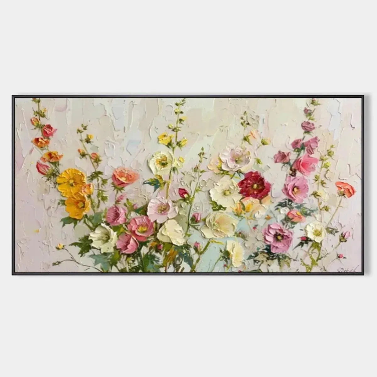 SUMMER BOUQUET: Textured Floral Painting, Impasto Wall Art, Panoramic Canvas, Colorful Decor