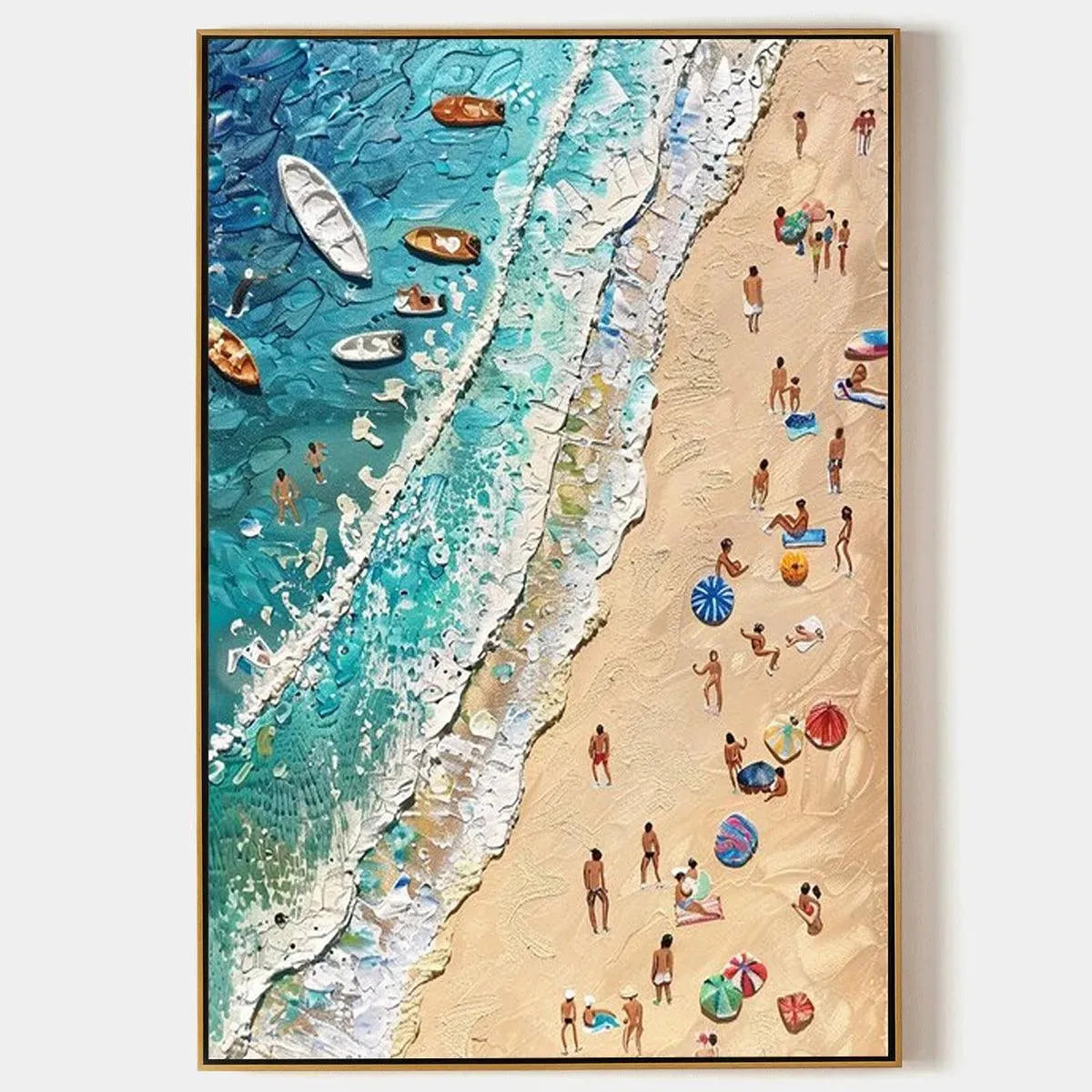SUN-KISSED SHORES: Textured Beach Scene Painting with Figures
