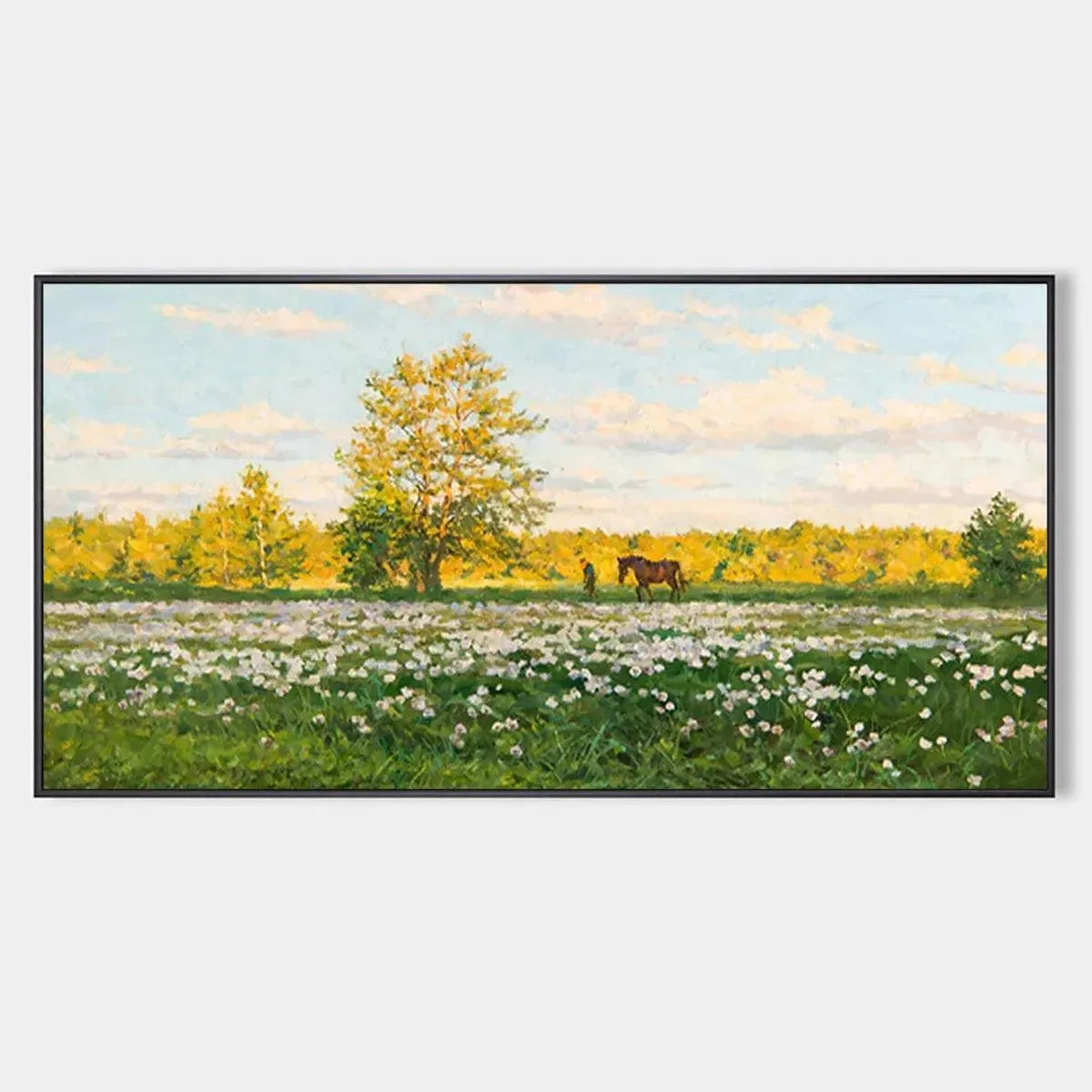 SUNLIT MEADOW: Tranquil Landscape Painting with Horse and Figure
