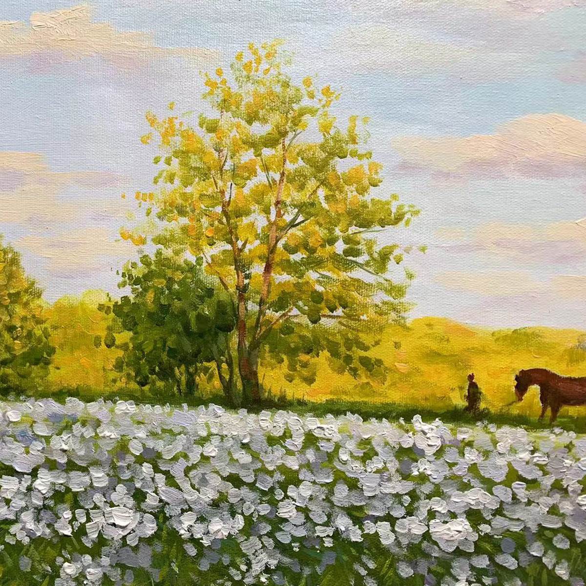 SUNLIT MEADOW: Tranquil Landscape Painting with Horse and Figure