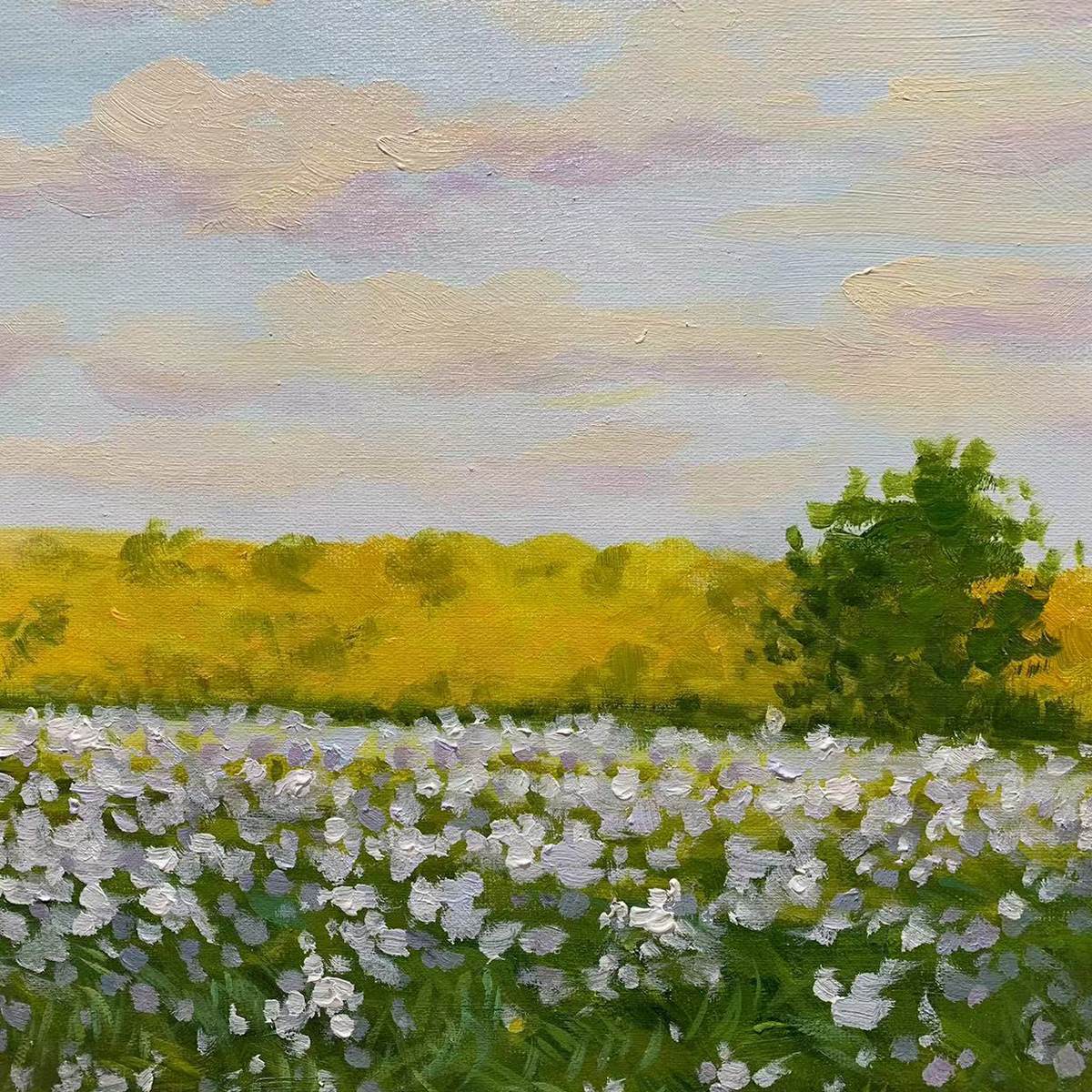 SUNLIT MEADOW: Tranquil Landscape Painting with Horse and Figure