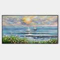 SUNSET SAIL: Coastal Sunset Painting, Sailboat and Wildflowers, Horizontal Canvas, Ocean Decor
